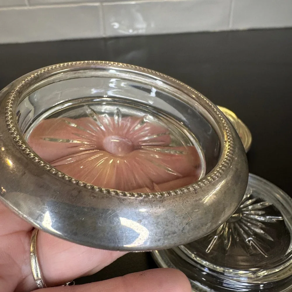 Frank M Whiting Coasters Set of 4 Silver Beaded Rim Starburst Glass Vintage 4in